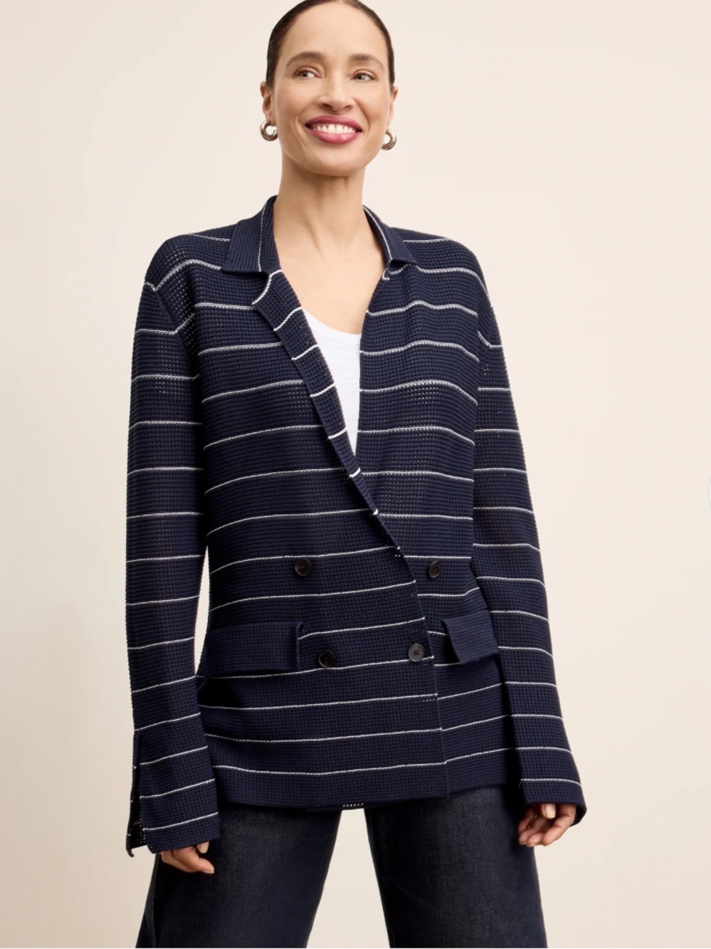 M.M. LAFLEUR Cody Boyfriend Jardigan M Navy Ivory Stripe Dot Knit Blazer